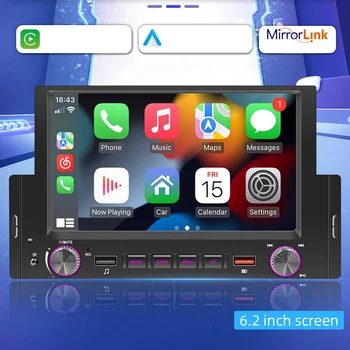 1Din 6.2 אינץ מסך CarPlay אנדרואיד אוטומטי רדיו סטריאו לרכב Bluetooth MP5 Player 2USB מקלט FM מערכת שמע ראש יחידת