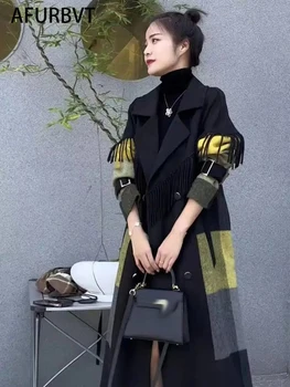 2023 חורף אפור, אדום צמר מעיל נשים מזדמנים משבצות זמן מעילים משרד ליידי Y2k בגדים אופנה קוריאנית טרנץ 'שכבות ז' קט