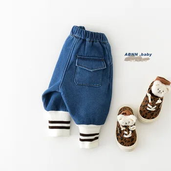 2023 קוריאנית אביב חורף ילדים בנים ג 'ינס כותנה, ג' ינס עבה אצן מכנסיים למתוח רופף חם אלסטי המותניים ילד תינוק תלבושת