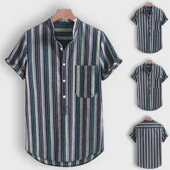 אופנה גברים חולצת הוואי מקרית על כפתור הדפס פסים החוף שרוול קצר חולצות, חולצה קיץ בציר לנשימה בגדי גברים