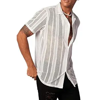גברים קיץ חולצה חלול החוצה שרוולים קצרים דש שקוף דק אחת עם חזה קט לנשימה זכר מועדון ספורט העליון