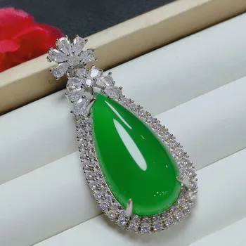 טבעי ירוק ג 'ייד טיפת מים השרשרת נשים בסדר תכשיטים מקוריים מיאנמר ג' יידיט משובץ זירקון דמעה שרשרות תליון